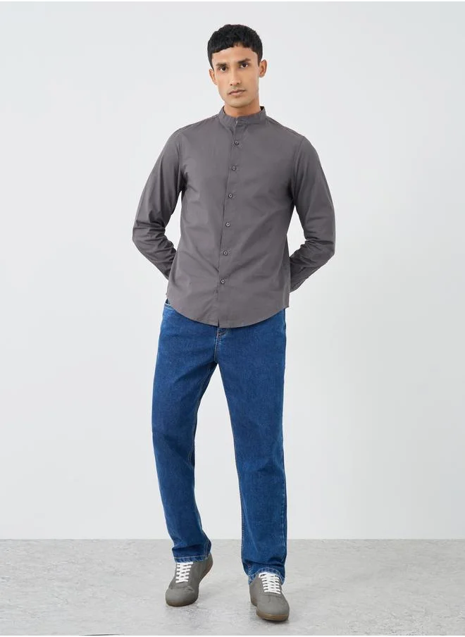 Styli Styli Solid Mandarin Collar Regular Fit Poplin Shirt