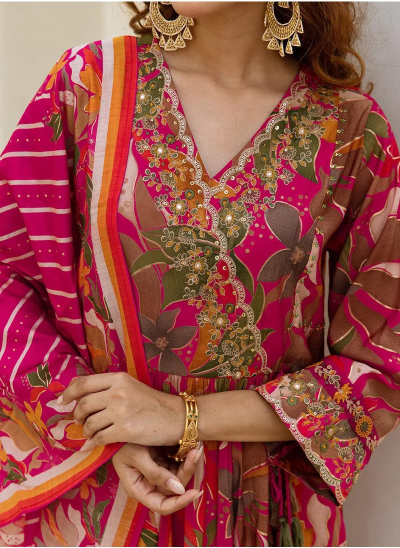 آي شين Women's Pink Modal Muslin Printed Tunic Full Length Palazzo Straight Fit Kurta Set