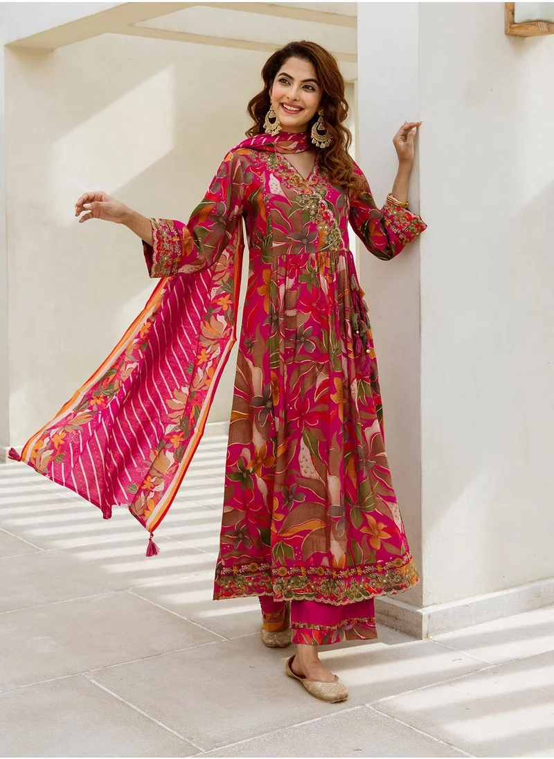 آي شين Women's Pink Modal Muslin Printed Tunic Full Length Palazzo Straight Fit Kurta Set
