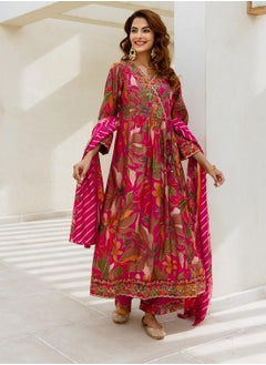 ISHIN Women's Pink Modal Muslin Printed Tunic Full Length Palazzo Straight Fit Kurta Set  - Image 5