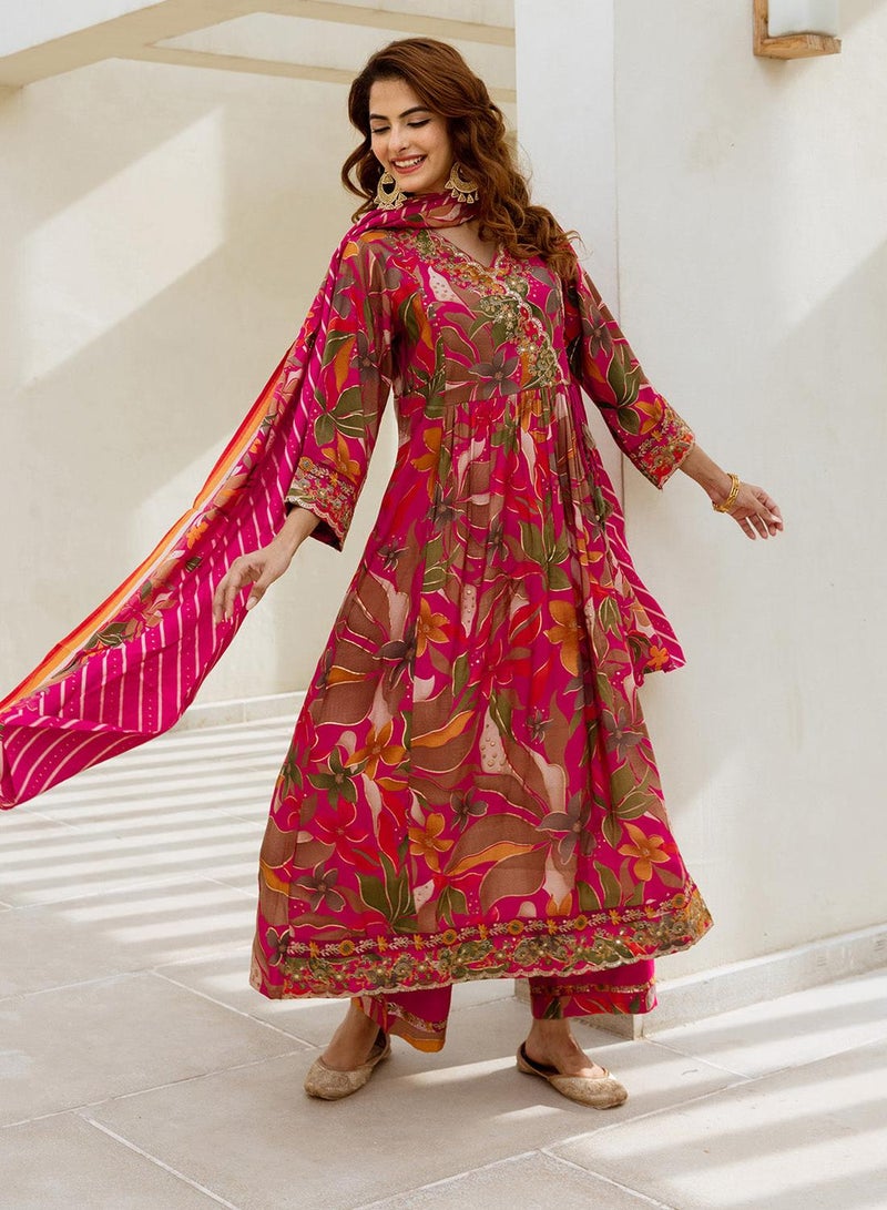 ISHIN Women's Pink Modal Muslin Printed Tunic Full Length Palazzo Straight Fit Kurta Set  - Image 3