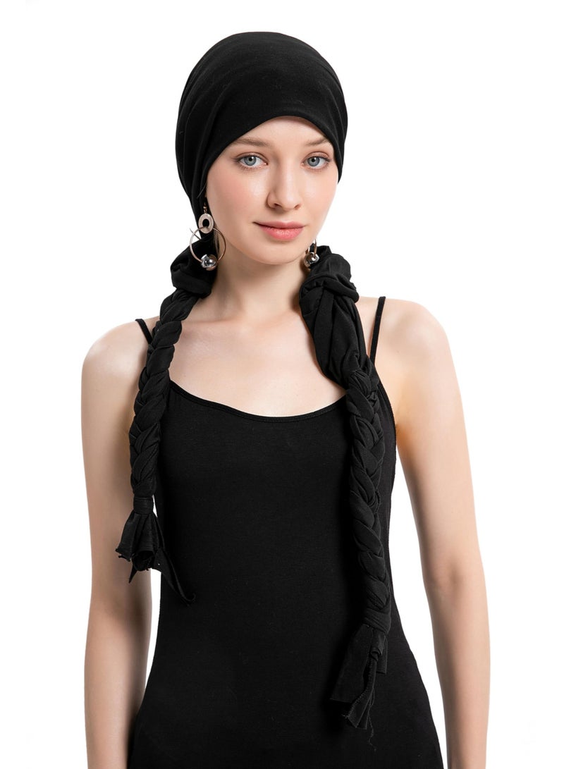 Zikra Chemo Headwear Pre Tied Head Scarf for Women Headband Braided Hat Lightweight Beanie Skull Cover Cap Headwraps Black - Image 1