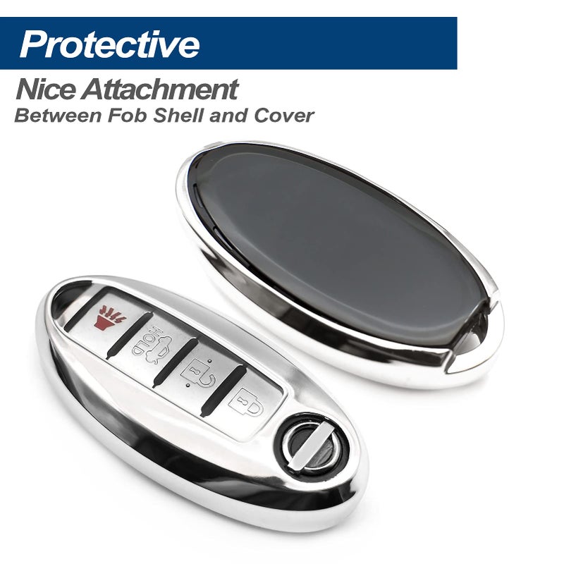 INFIPAR Fit for Nissan Z GT-R Kicks Leaf Altima Armada Maxima Murano Pathfinder Rogue Sentra Titan Versa Frontier TITAN XD Rogue Sport Infiniti QX80 Key Fob Cover Case Shell Holder Accessories, Silver - Image 3