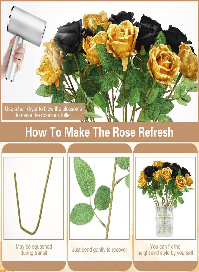 Ovveroche 72 Pcs Artificial Roses Glod, Black Fake Silk Roses Realistic Roses Faux Flower Indoor Wedding Home Decor, Birthday Decorations - Image 4