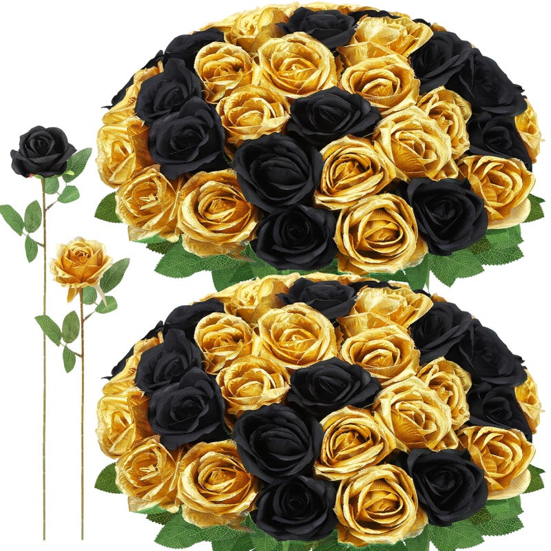 Ovveroche 72 Pcs Artificial Roses Glod, Black Fake Silk Roses Realistic Roses Faux Flower Indoor Wedding Home Decor, Birthday Decorations - Image 1