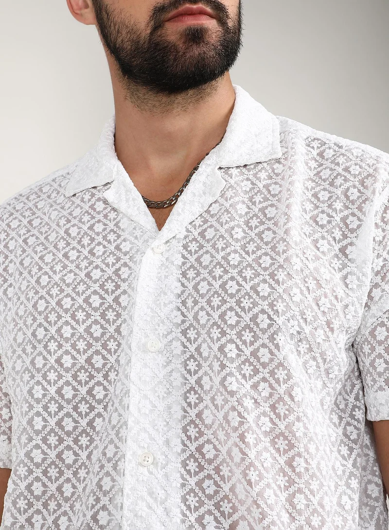 Campus Sutra Men's Chalk White Floral Embroidered Shirt