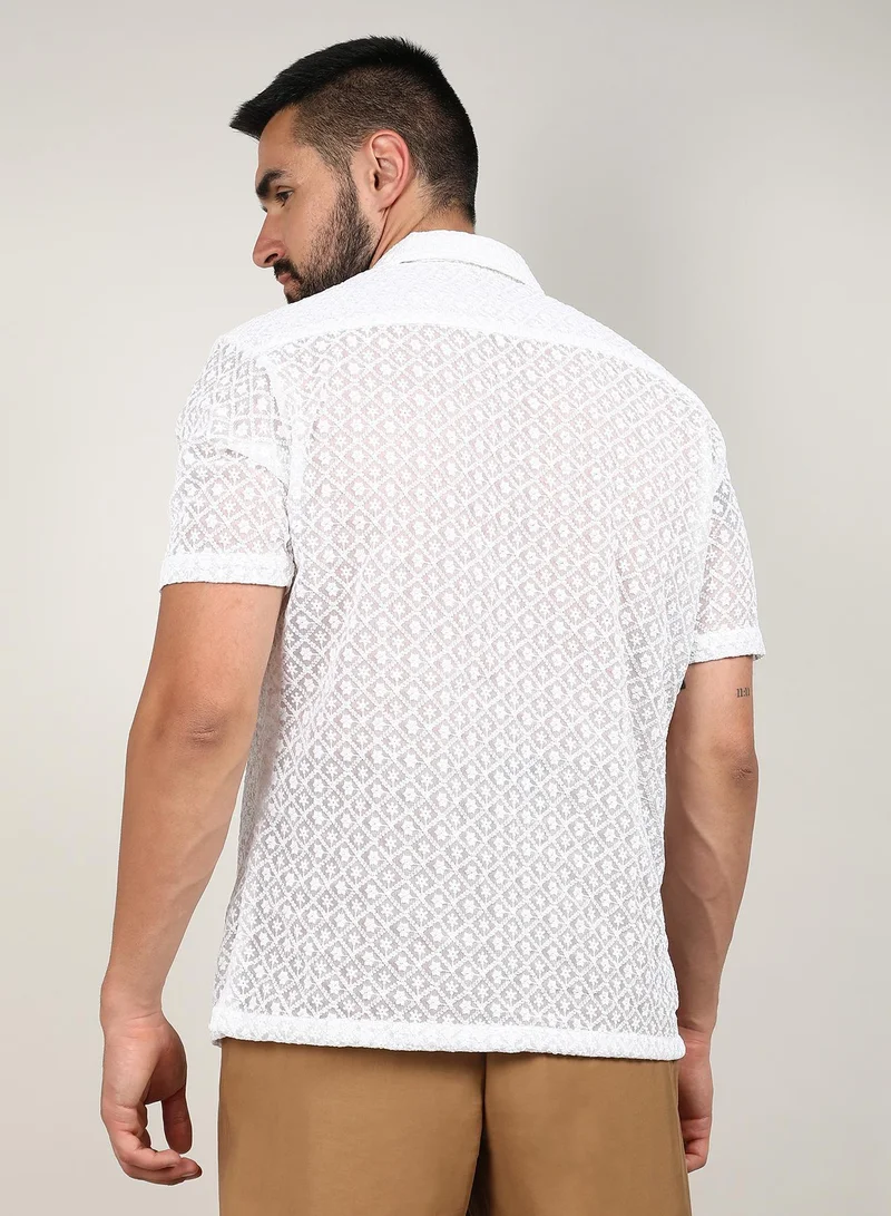 Campus Sutra Men's Chalk White Floral Embroidered Shirt