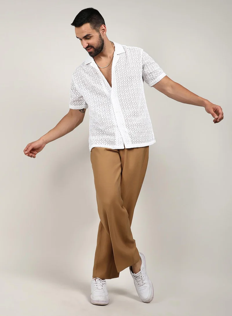 Campus Sutra Men's Chalk White Floral Embroidered Shirt
