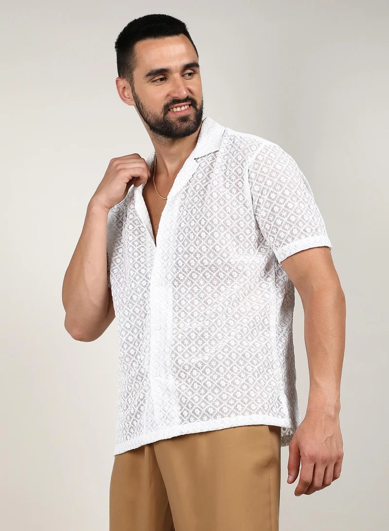 Campus Sutra Men's Chalk White Floral Embroidered Shirt