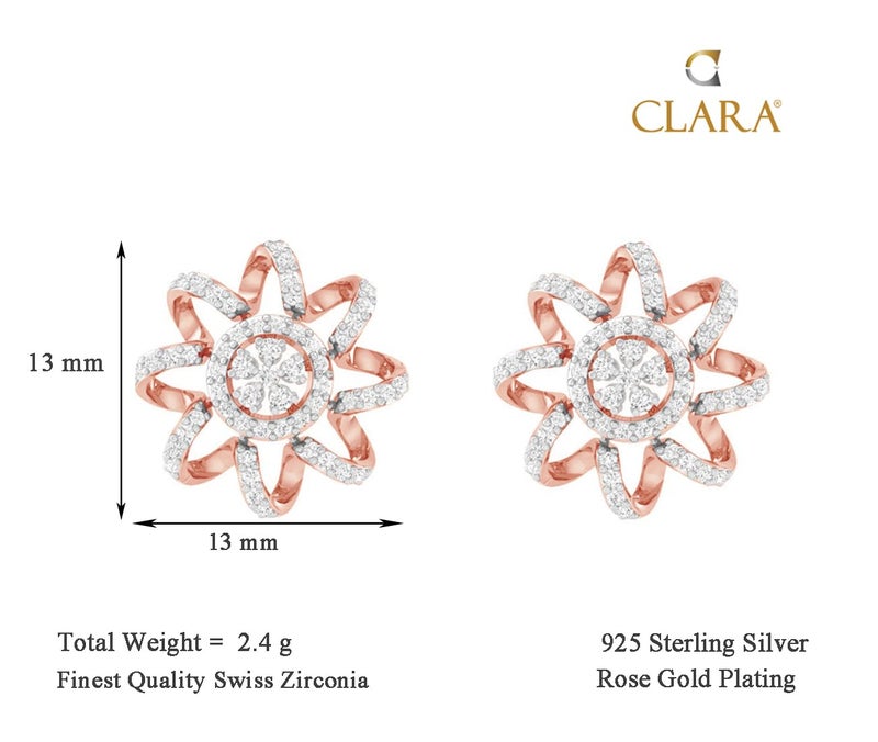 CLARA 925 Sterling Silver Anna Earrings with Screw Back | Rose Gold Rhodium Plated, Swiss Zirconia | Gift for Women & Girls - Image 3