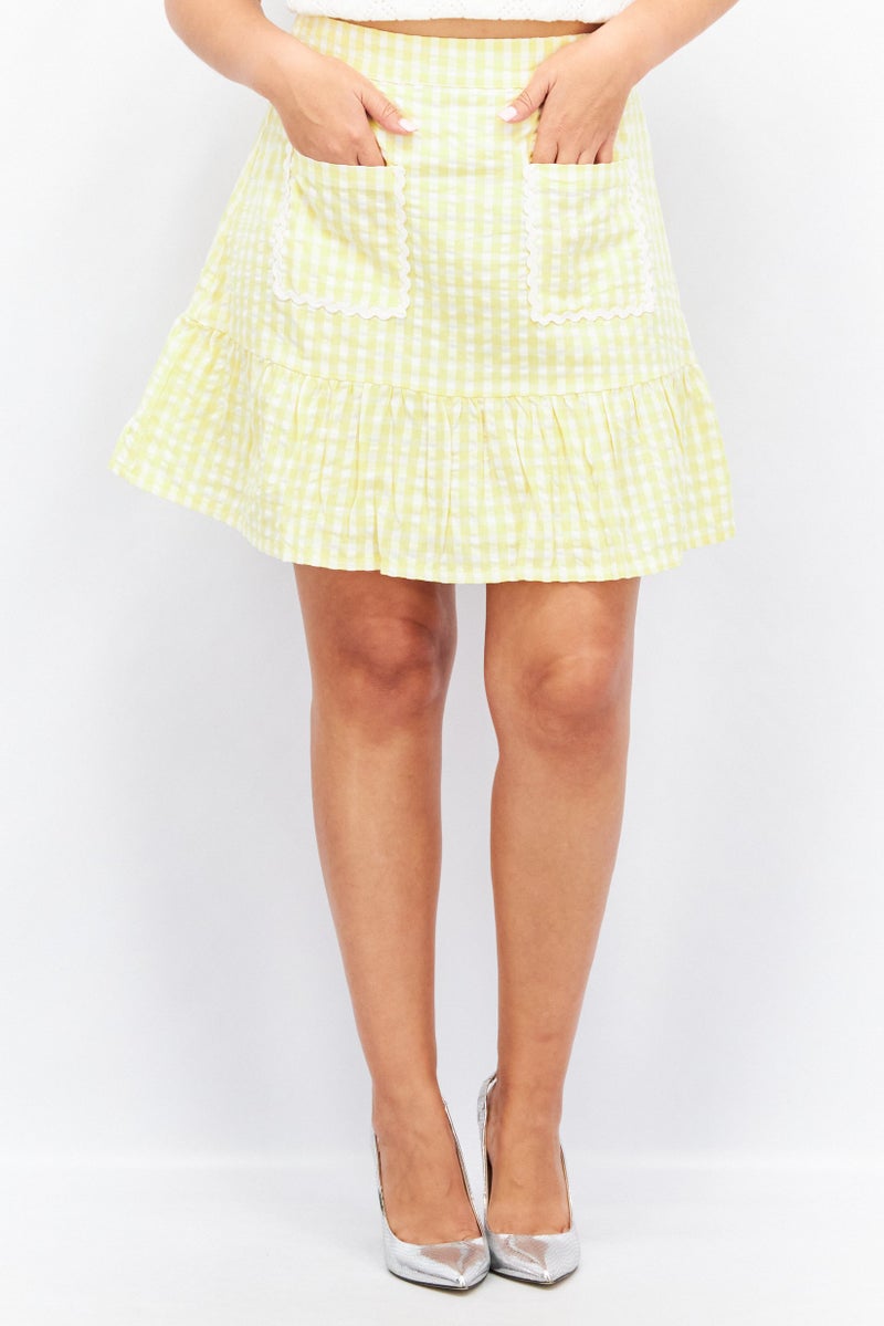 Neon Rose Women Gingham Print Flippy Mini Skirt, Yellow - Image 1
