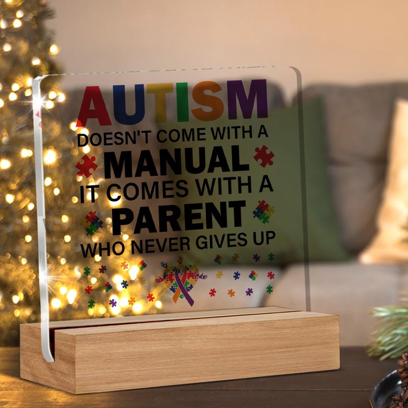 Oqtumes Autism Parents Gift Autism Doesn't Come with a Manual Clear Desk Decorative Acrylic Sign With Wooden Stand for Desk Table Shelf - Image 3