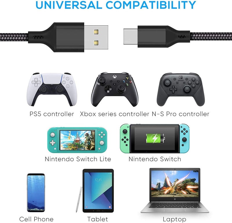 بريميفي كابل شاحن بطول 10 أقدام لأجهزة التحكم PS5 و Xbox Series X/S، و Switch Pro، كابل شحن USB بديل مضفر من النايلون، منافذ شحن سريع من نوع C، ملحقات لجهاز Playstation 5 و Xbox. - Image 2