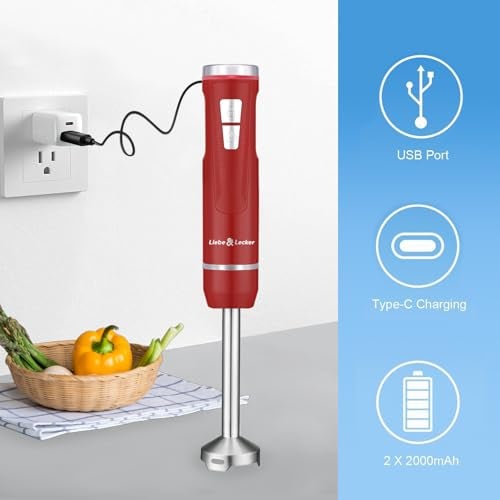 Liebe&Lecker Immersion Blender Handheld Cordless, 3 in 1 Cordless Hand Blender, 8 Speed Emulsion Blender Handheld with Whisk Milk Frother for Soup Smoothie Red - Image 4
