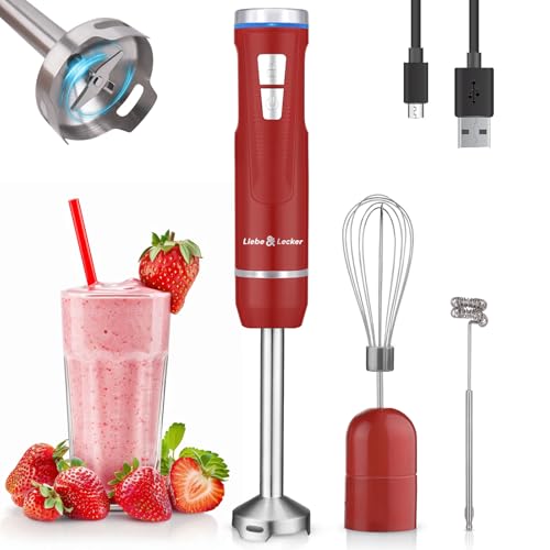 Liebe&Lecker Immersion Blender Handheld Cordless, 3 in 1 Cordless Hand Blender, 8 Speed Emulsion Blender Handheld with Whisk Milk Frother for Soup Smoothie Red - Image 1