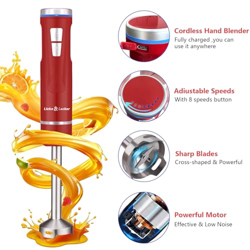Liebe&Lecker Immersion Blender Handheld Cordless, 3 in 1 Cordless Hand Blender, 8 Speed Emulsion Blender Handheld with Whisk Milk Frother for Soup Smoothie Red - Image 3
