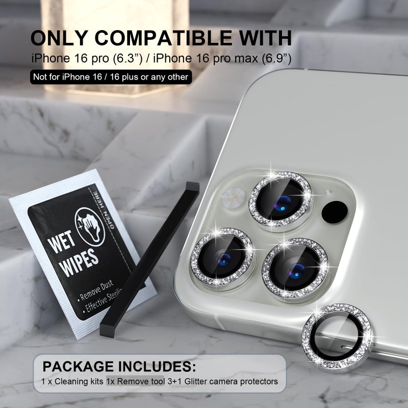 Choiche Compatible for iPhone 16 Pro/iPhone 16 Pro Max Camera Lens Protector Bling, 9H Tempered Glass Camera Cover Screen Protector Metal Ring Decoration Accessories (Glitter-Silver) - Image 2