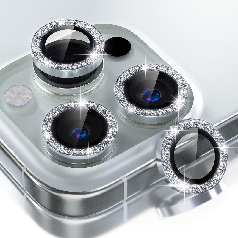 Choiche Compatible for iPhone 16 Pro/iPhone 16 Pro Max Camera Lens Protector Bling, 9H Tempered Glass Camera Cover Screen Protector Metal Ring Decoration Accessories (Glitter-Silver) - Image 1