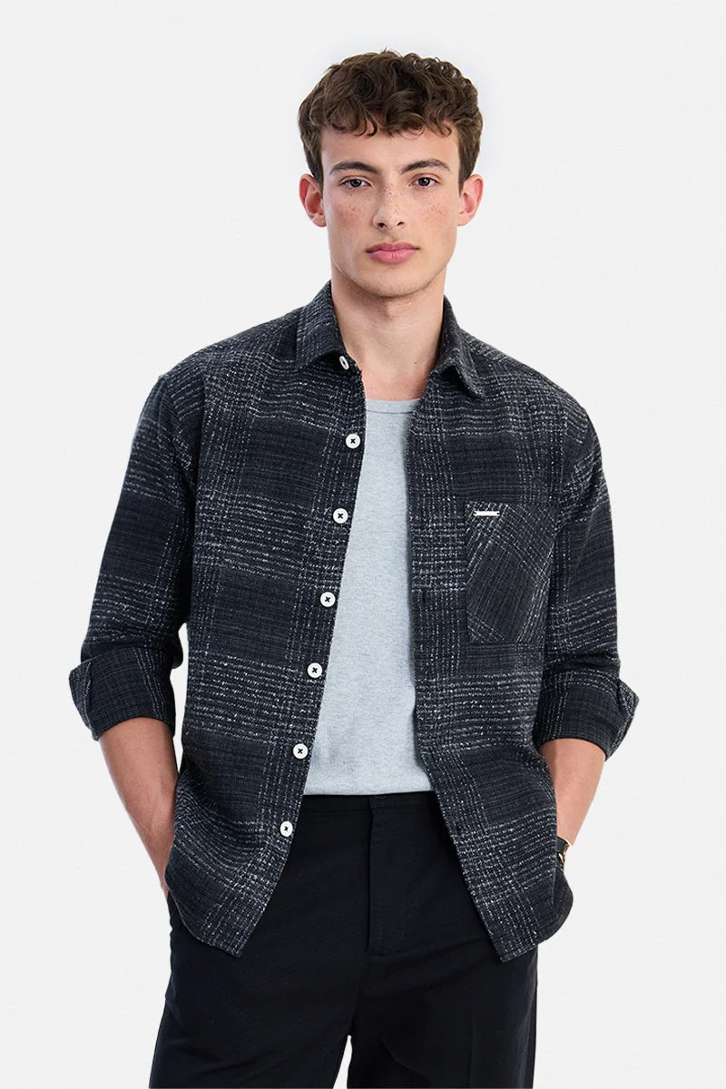 سنيتش Charcoal Grey Checkered Long Sleeve Oversized Shirt