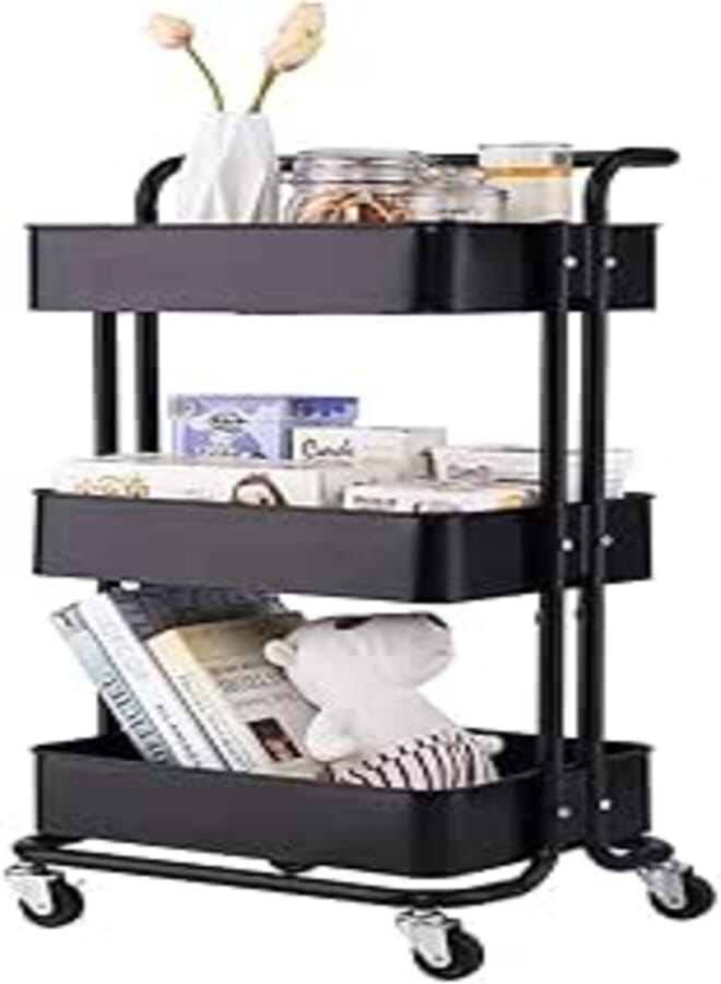 PANTH™ 3-Tier Kitchen Storage Trolley Rack with Caster Wheels Rolling Cart Metal Utility Space Saving Home Storage Organizer Racks and Self with Wheel (Black)