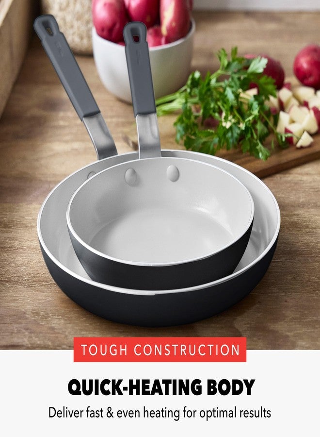 جرين بان طقم مقلاة غير لاصقة من قطعتين من GreenPan x Bobby Flay - مقاس 8 بوصات و10 بوصات، مصنوعة من السيراميك الماسي الخالي من PFAS، مناسبة للطهي بالحث، بمقبض سيليكون بارد الملمس، سهلة التنظيف وآمنة للاستخدام في غسالة الصحون والفرن، لون جرافيت - Image 2