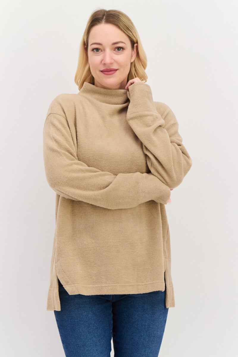 ESPRIT Women Mock Neck Long Sleeve Textured Sweatshirt, Taupe - Image 1