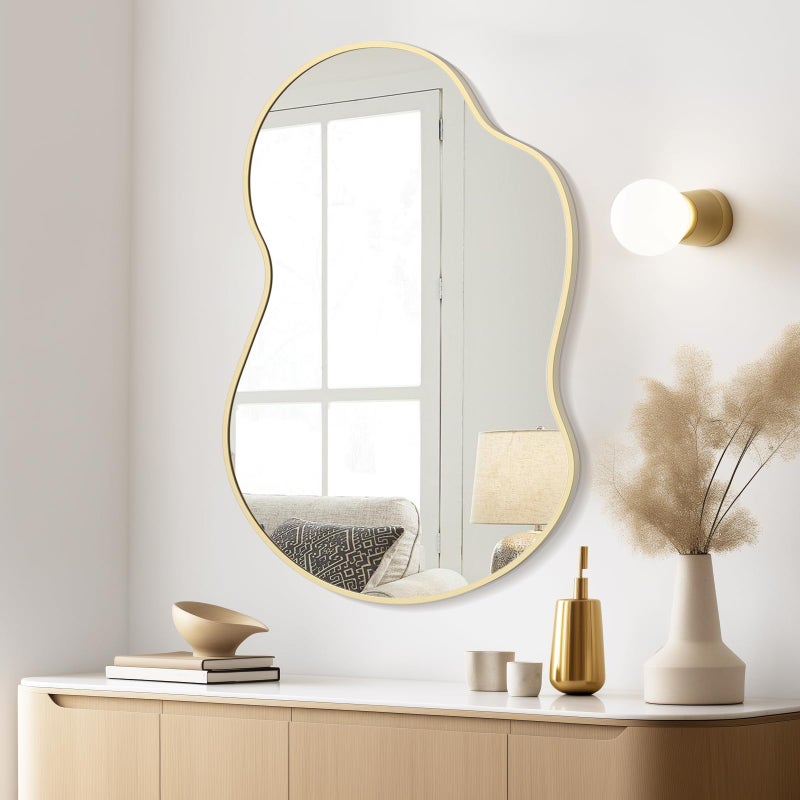 WallBeyond Gold Asymmetrical Mirror, Modern Irregular Wall Mirror with Aluminum Frame for Bedroom, Bathroom, Living Room, and Entryway 36" H x 24" W (Gold) - Image 1