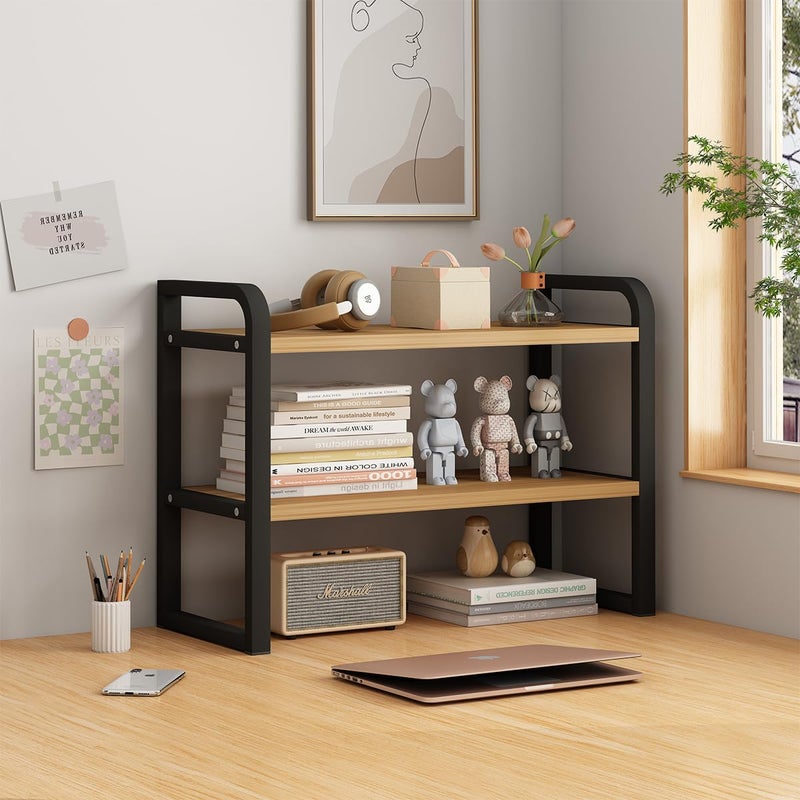 Janebert Office Desk Shelf Organizer, Wood Desktop Bookshelf Supplies Storage Rack, Shelf for Top of Desk and Dresser and Cubicle Decor Aesthetic Bookshelf (Black Wood-Two Tier) - Image 1