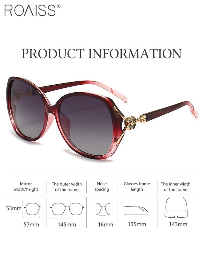 رويس نظارة شمسية مستقطبة على شكل فراشة للنساء، نظارة الشمس الواقية من الأشعة فوق البنفسجية 400 بزخرفة بأحجار الراين، ظلال شمس مضادة للوهج للنساء مع حافظة النظارة للحفلات والتسوق والسفر، 57 مم، أحمر شفاف - Image 3
