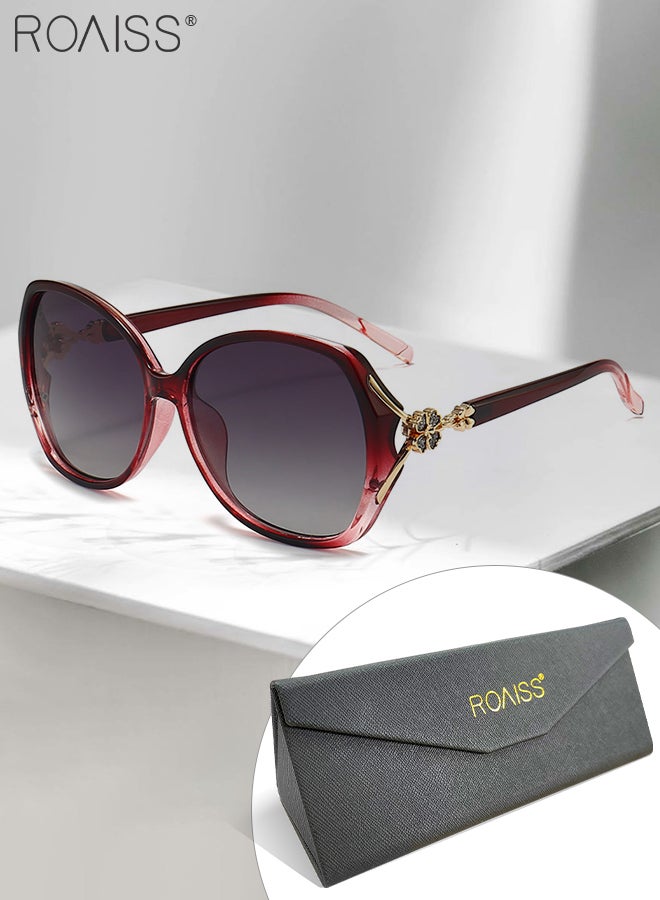 رويس نظارة شمسية مستقطبة على شكل فراشة للنساء، نظارة الشمس الواقية من الأشعة فوق البنفسجية 400 بزخرفة بأحجار الراين، ظلال شمس مضادة للوهج للنساء مع حافظة النظارة للحفلات والتسوق والسفر، 57 مم، أحمر شفاف - Image 2