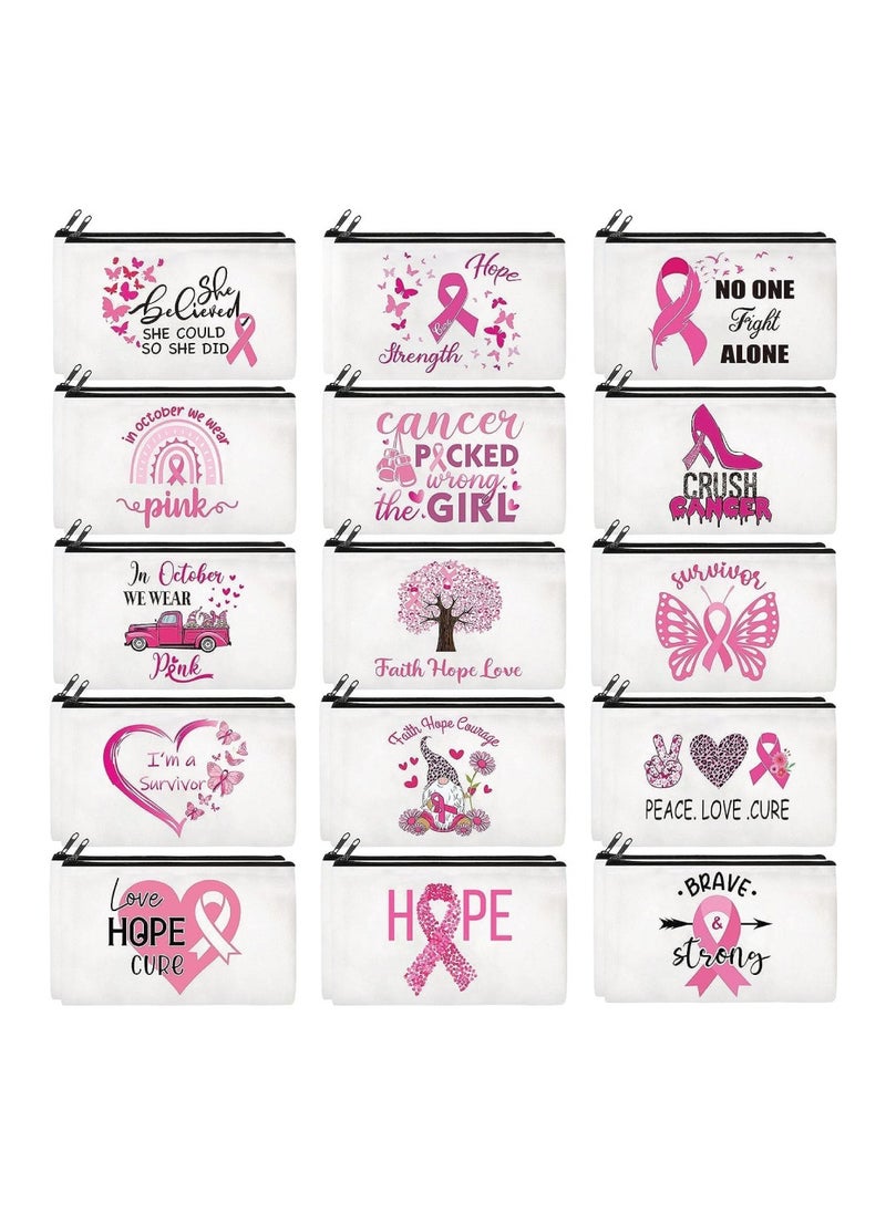 PRINTSHOP4ME 30 Pcs BreastCancer Awareness Cosmetic Bag Pink Ribbon Canvas Cosmetic Bags BreastCancer Survivor Gift for Women Zipper Bag for Charity Event Fundraising Campaign - 15 Styles  - Image 1