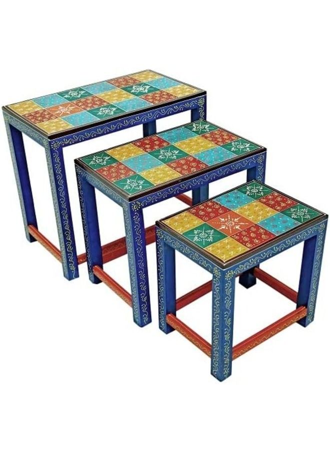 QUESERA Wooden Nesting Stool | Wooden Side Table | Wooden Stool Set of 3 pcs | Traditional Multicolor Hand Painted Stool Set of 3 pcs |Wooden Stool Set - Image 1