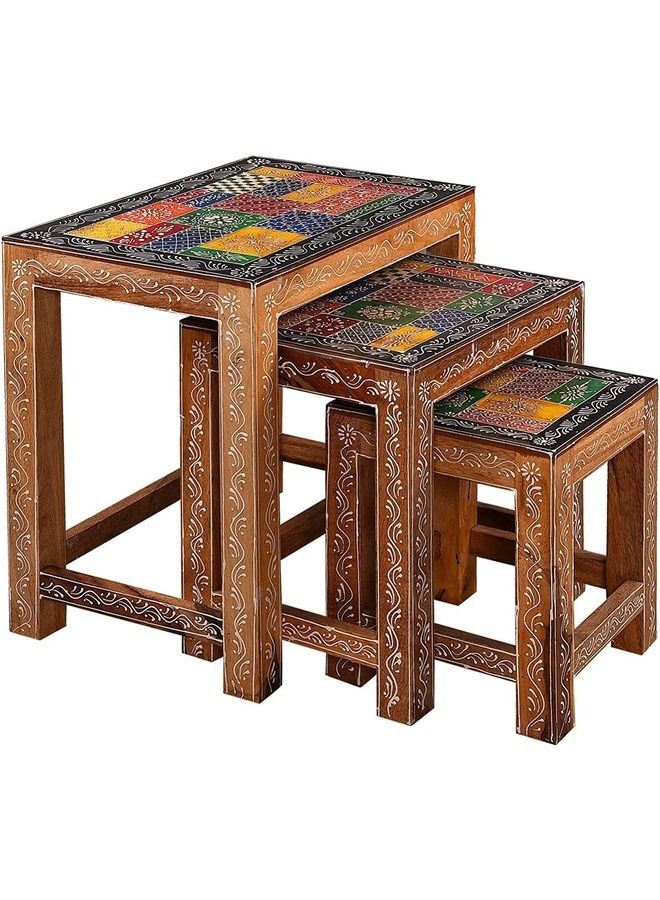 QUESERA Wooden Nesting Stool | Wooden Side Table | Wooden Stool Set of 3 pcs | Traditional Multicolor Hand Painted Stool Set of 3 pcs |Wooden Stool Set - Image 3
