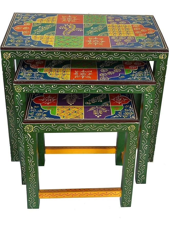 QUESERA Wooden Nesting Stool | Wooden Side Table | Wooden Stool Set of 3 pcs | Traditional Multicolor Hand Painted Stool Set of 3 pcs |Wooden Stool Set - Image 2