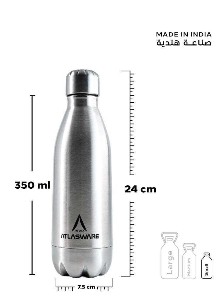 Atlasware - Water Bottle with a Capacity of 350 ml, Stainless Steel Water Bottle that keeps Cold for 34 Hours and Keeps Heat for 12 Hours, Silver - Image 1