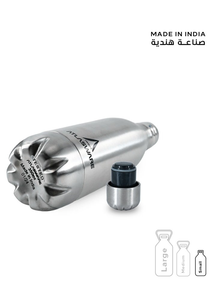 Atlasware - Water Bottle with a Capacity of 350 ml, Stainless Steel Water Bottle that keeps Cold for 34 Hours and Keeps Heat for 12 Hours, Silver - Image 1