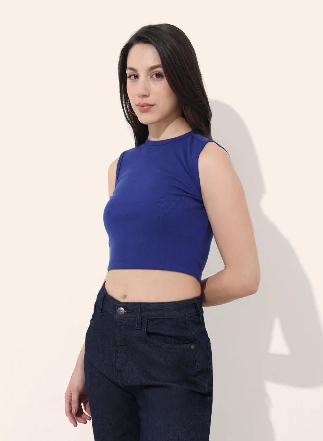 Women Regular Fit Solid Round Neck Sleeveless Round Neck Top