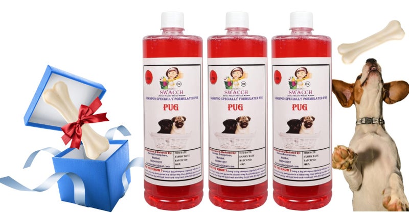swacch Shampoo | Puppy Safe Shampoo | Pug Dog Shampoo (1 Litre) (Pack of 3) Strawberry + Large White Bone | Dog Chew Bones | Teething chew Toy | Dental Teething |Combo Pack - Image 1