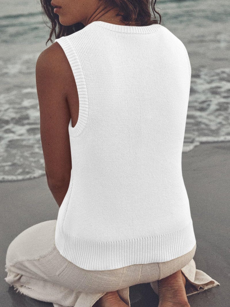 Saodimallsu Womens Summer Sweater Vest Sleeveless Ribbed Knit Tank Tops Going Out Casual Basic Scoop Neck Tshirt White - Image 5