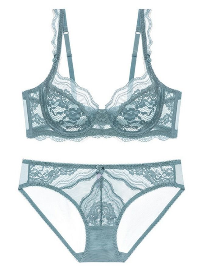 Breathable Ultra Thin Cup Lace Bra And Panty Set Dusty Blue