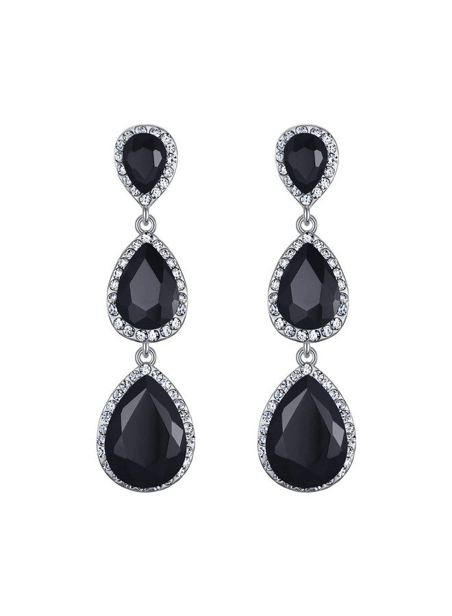 EleQueen Women'S Silver-Tone Austrian Crystal Tear Drop Pear Shape Long Dangle Earrings Black - Image 1