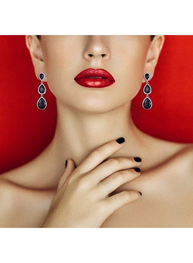 EleQueen Women'S Silver-Tone Austrian Crystal Tear Drop Pear Shape Long Dangle Earrings Black - Image 2