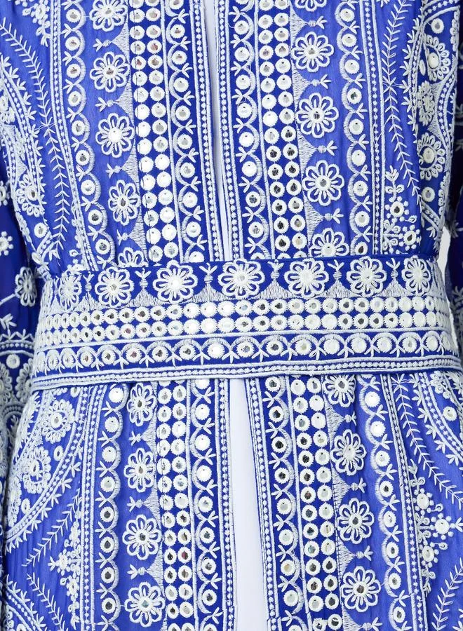 Maxim Creation Blue Blue Threadwork Jalabiya Set with Maxi Dress and Belt for Women | Best Price UAE