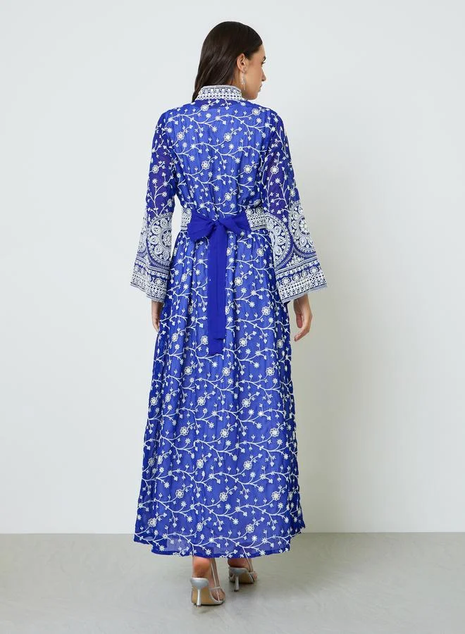 Maxim Creation Blue Blue Threadwork Jalabiya Set with Maxi Dress and Belt for Women | Best Price UAE