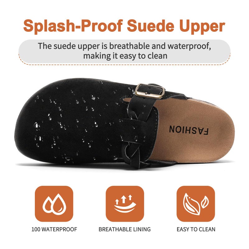 DDXYYDS Women's Suede Clogs Mens Leather Mules Comfort Cork Footbed Sandals with Arch Support and Adjustable Buckle Black - Image 5