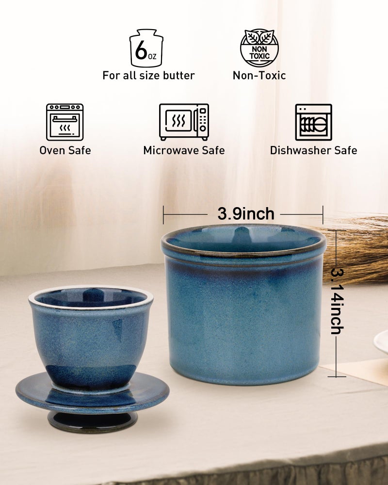 Jersinwei French Butter Dish, Butter Crock for Counter with Water Line, Ceramic Butter Keeper for Spreadable Butter - Chrismas Gift Home Kitchen Decor - Reactive Glaze Collection - Blue - Image 2