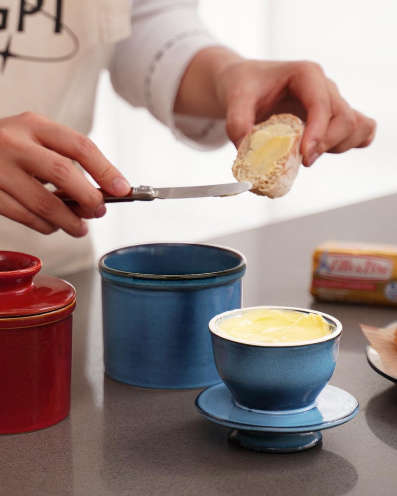 Jersinwei French Butter Dish, Butter Crock for Counter with Water Line, Ceramic Butter Keeper for Spreadable Butter - Chrismas Gift Home Kitchen Decor - Reactive Glaze Collection - Blue - Image 5