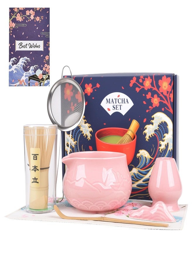 Evoio Matcha Whisk Set with Bowl, 8 Pcs Matcha Kit with Ceramic Holder, Scoop Holder, Sifter, Tea Towel, Greeting Card, Bamboo Whisk and Scoop, Pink Christmas Gift for Tea Lovers - Image 1