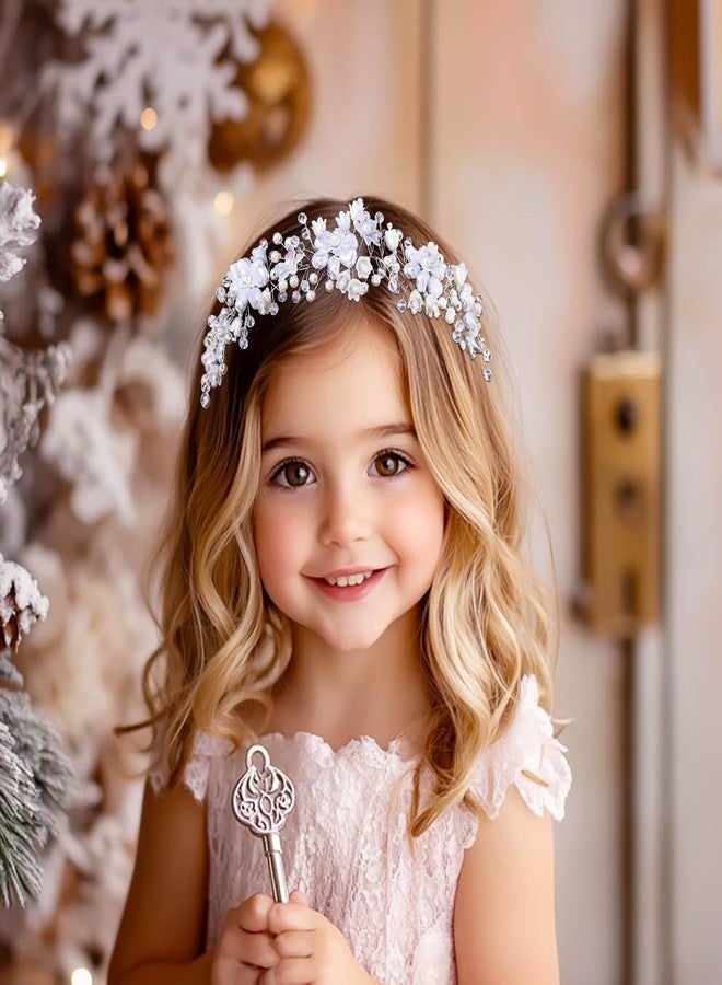 Campsis Flower Girls Hair Accessory, White Floral Headpiece, Wedding Pearl Headband for Girls - Image 4