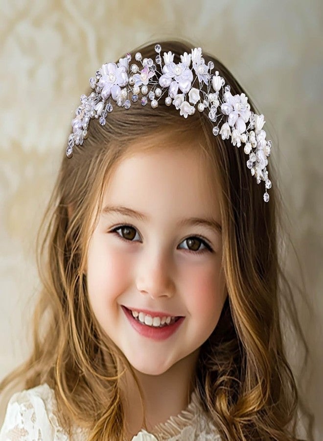 Campsis Flower Girls Hair Accessory, White Floral Headpiece, Wedding Pearl Headband for Girls - Image 3